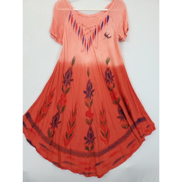 Asymmetrical Dress Boho Hippie Watercolor Ombre Peach Rust Floral Embroidered M - Picture 15 of 15